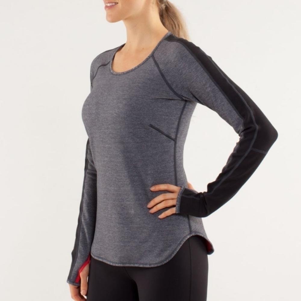 Lululemon Runder Under Long Sleeve Love Red Heathered Coal reversible size 8